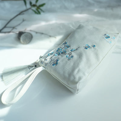 Buddha Stones Small Flower Plum Cherry Crane Peach Blossom Embroidery Canvas Wallet Shopping Purse Purse BS White Blue Plum 21*13cm