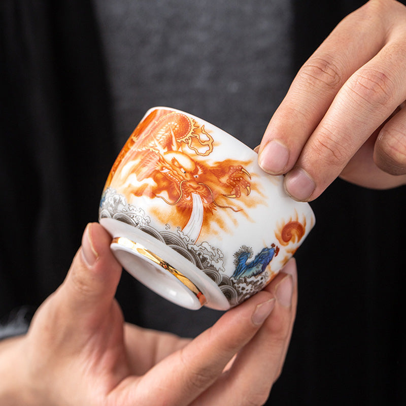 Buddha Stones Dragon Phoenix Crane Sun Ocean Waves Gilt Ceramic Teacup Kung Fu Tea Cup 170ml Cup BS 2