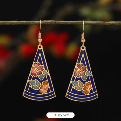 Buddha Stones Lotus Butterfly Flower Alloy Copper Enlightenment Drop Earrings Earrings BS Triangular Blue Flower 4.1*2.5cm