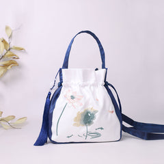 Buddha Stones Embroidered Lotus Koi Fish Crane Camellia Cotton Linen Tote Crossbody Bag Shoulder Bag Handbag Crossbody Bag BS Navy Blue White Lotus Koi Fish 20*20*7cm