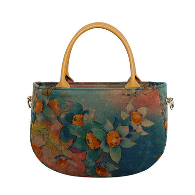 Buddha Stones Vintage Flower Peony Metal Chain Zipper Handbag Crossbody Bag Shoulder Bag Handbags BS Green Orange Flower 20*14*7cm