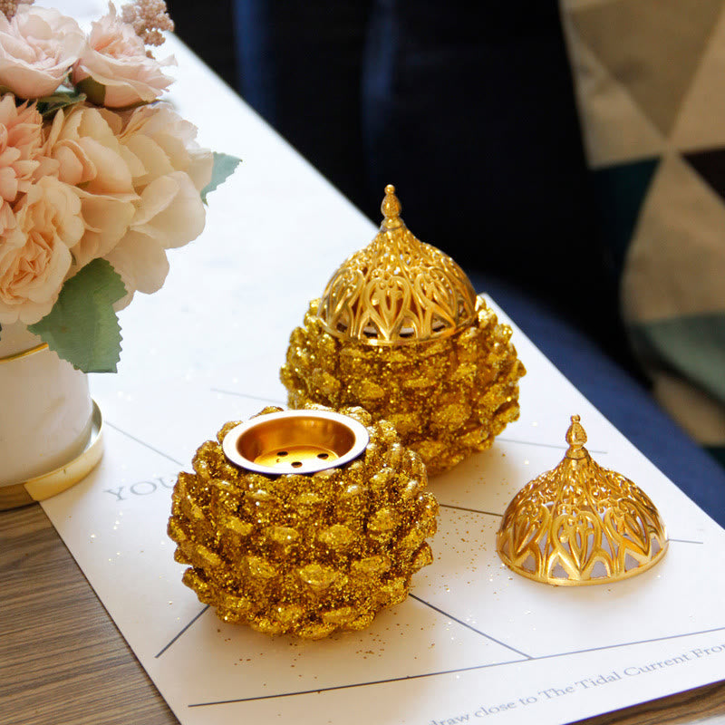 Buddha Stones Gold Pine Cone Pattern Spiritual Rituals Mini Incense Burner Home Tabletop Decor Incense Burner BS 4