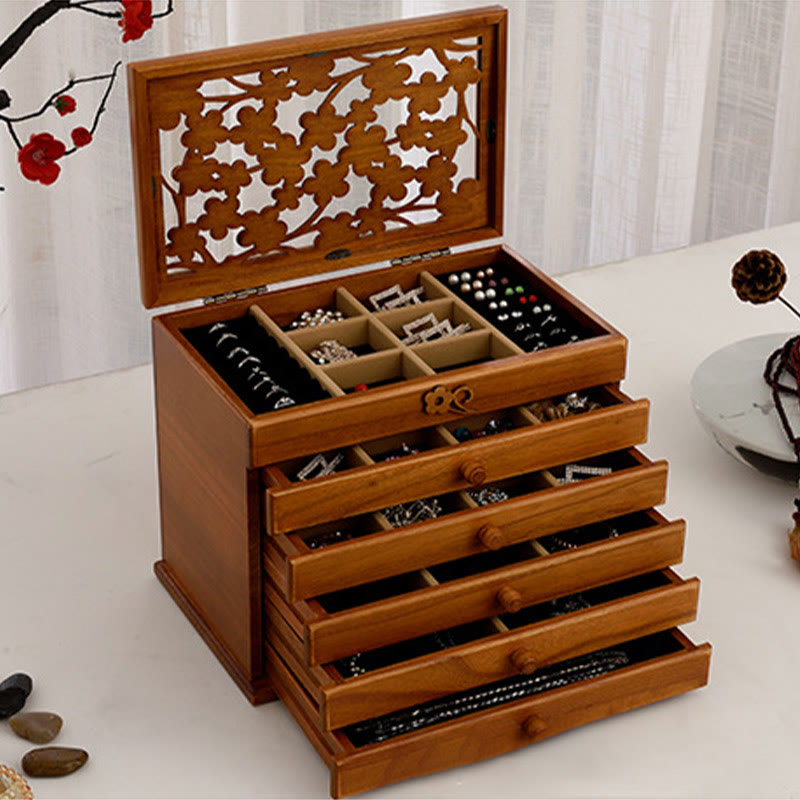 Buddha Stones Vintage Plum Blossom Carved Wooden Jewelry Box Six-Layer Jewelry Storage Box Jewelry Box BS 13