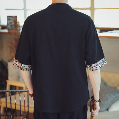 Buddha Stones Frog-Button Dragon Embroidery Chinese Tang Suit Short Sleeve Shirt Linen Men Clothing Men's Shirts BS 27