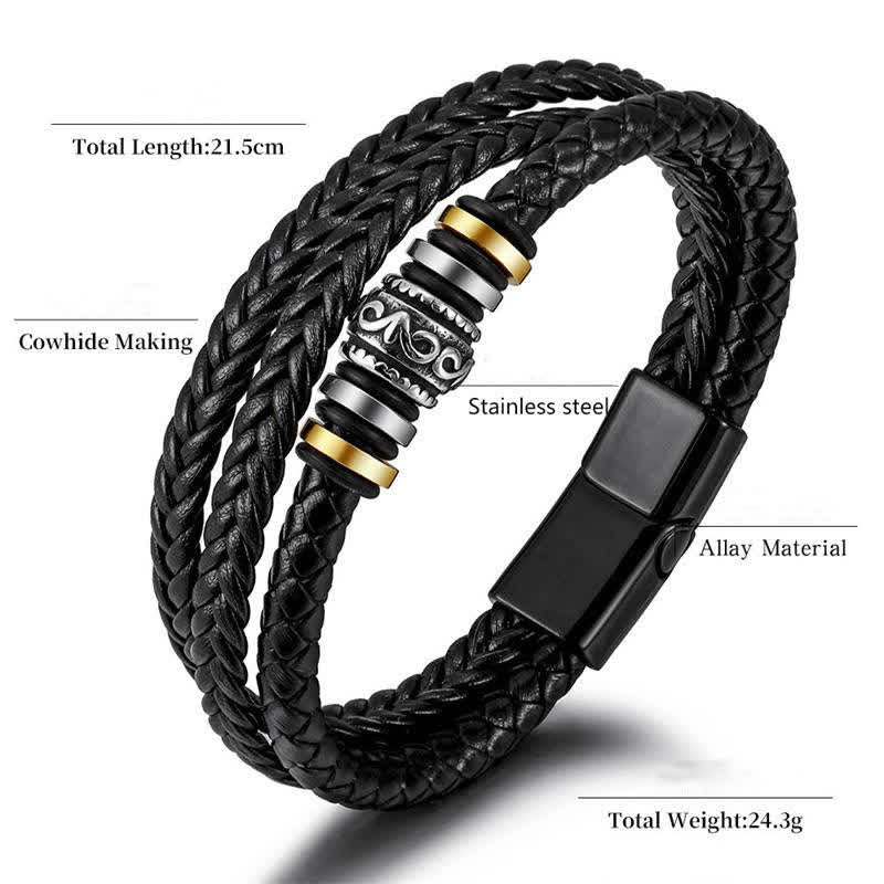 Buddha Stones Leather Layered Titanium Steel Balance Braided Bracelet Bracelet BS 5