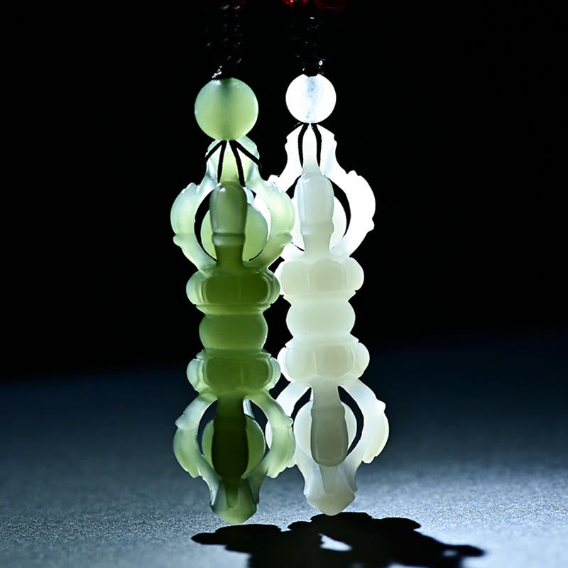 Buddha Stones Tibetan Natural Hetian Cyan Jade White Jade Dorje Vajra Engraved Success Necklace Pendant Necklaces & Pendants BS 2