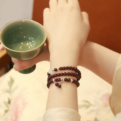 Buddha Stones 925 Sterling Silver Natural Garnet Cat Eye Protection Triple Wrap Bracelet Bracelet BS 2