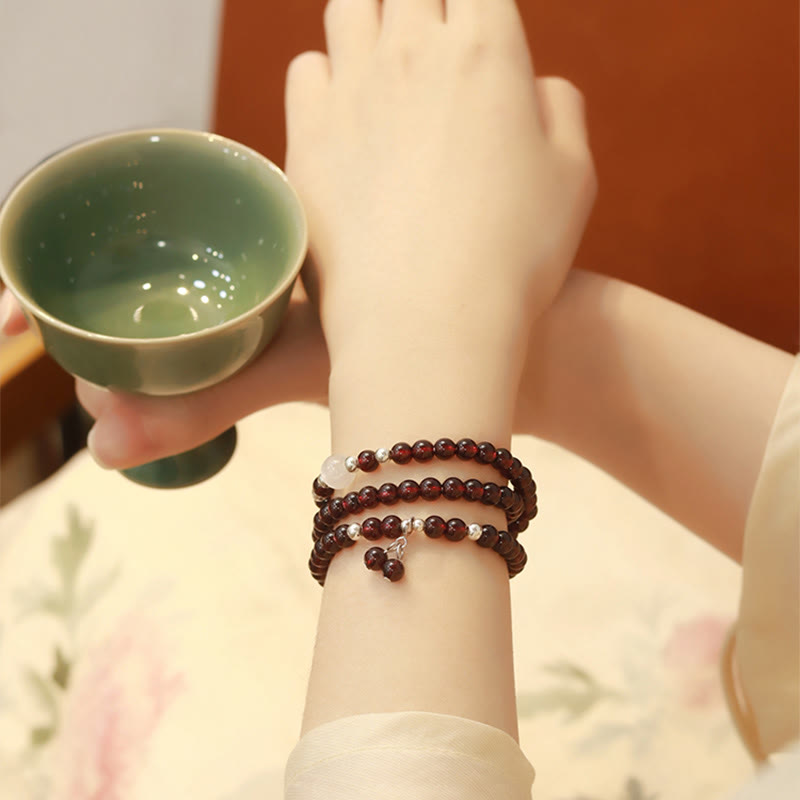 Buddha Stones 925 Sterling Silver Natural Garnet Cat Eye Protection Triple Wrap Bracelet Bracelet BS 2