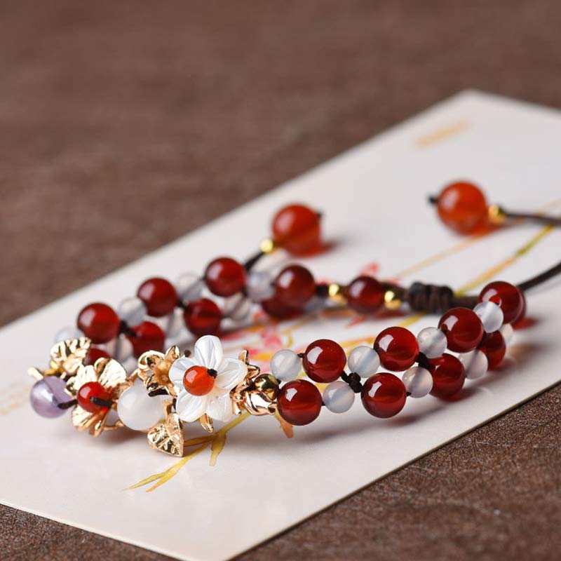 Buddha Stones Green Aventurine Garnet Bead Flower Petal Luck Bracelet Bracelet BS Garnet White Flower