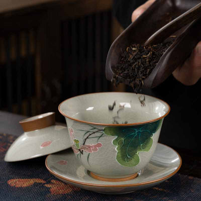 Buddha Stones Lotus Koi Fish Pod Leaf Ceramic Gaiwan Sancai Teacup Kung Fu Tea Cup And Saucer With Lid 140ml Cup BS 11