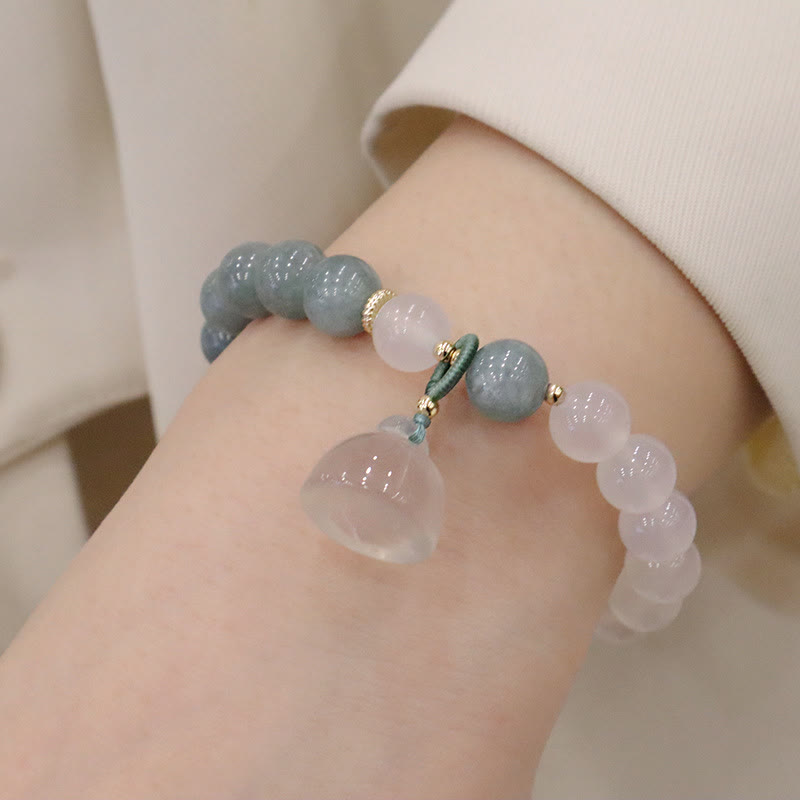 Buddha Stones White Agate Jade Lotus Flower Peace Buckle Protection Bracelet Bracelet BS Jade Agate Lotus(Wrist Circumference 14-19cm)