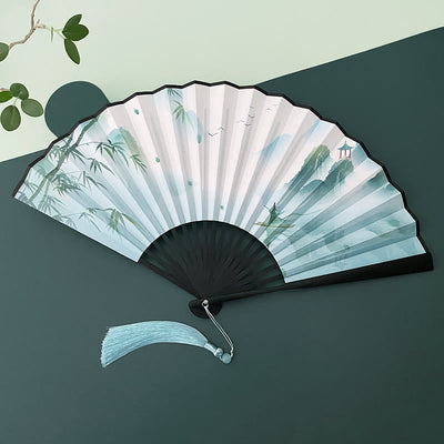 Buddha Stones Retro Lotus Flower Leaf Mountain Lake Handheld Folding Fan With Bamboo Frames Folding Fan BS Mountain Bamboo Lake Black Bamboo Frames
