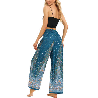 Buddha Stones Boho Peacock Feathers Lace-up Wide Leg Pants Women's Yoga Pants Women's Wide Leg Pants BS 13