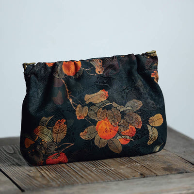 Buddha Stones Yellow Green Flower Black Persimmon Metal Chain Crossbody Bag Shoulder Bag Handbag Crossbody Bag BS Black Persimmon 16*22*4cm