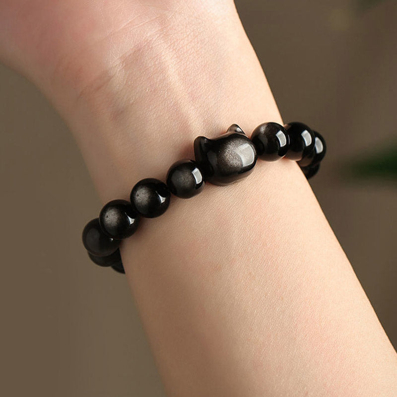 Foviel Gold Sheen Obsidian Silver Sheen Obsidian Lovely Paw Lucky Cat Protection Bracelet