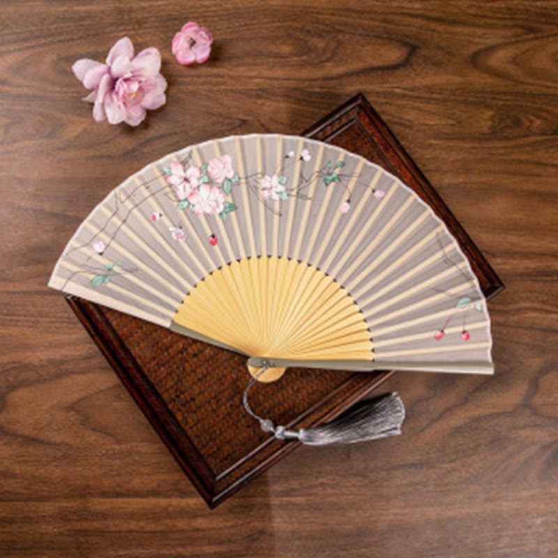 Buddha Stones Jasmine Lotus Begonia Flowers Handheld Bamboo Folding Fan - Beige Begonia Flowers - image 9
