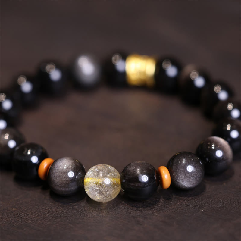 Buddha Stones Natural Silver Sheen Obsidian Crystal Om Mani Padme Hum Bead Protection Bracelet Bracelet BS Silver Sheen Obsidian Golden Rutilated Quartz