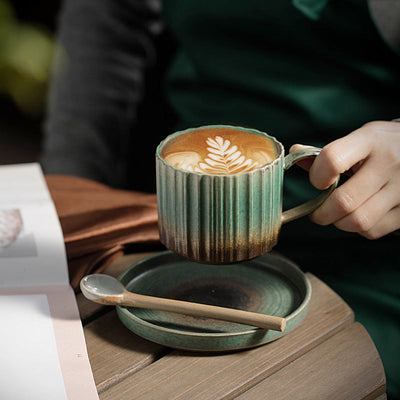 Buddha Stones Retro Striped Kiln Change Ceramic Coffee Mug Rough Pottery Tea Coffee Cup With Saucer 250ml Coffee Mug BS 3