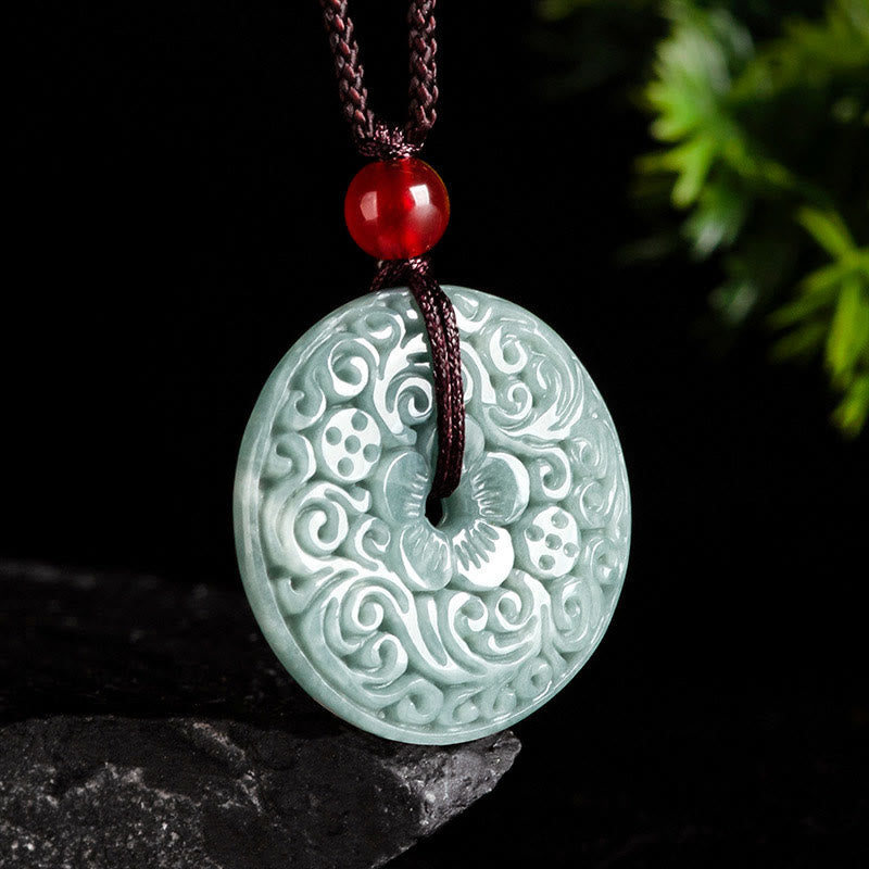 Buddha Stones Green Jade Flower Carved Peace Buckle Abundance Necklace Pendant Necklaces & Pendants BS 9