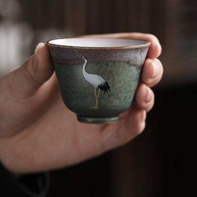Buddha Stones Auspicious Crane Ceramic Teacup Kung Fu Tea Cup Bowl Cup BS 12