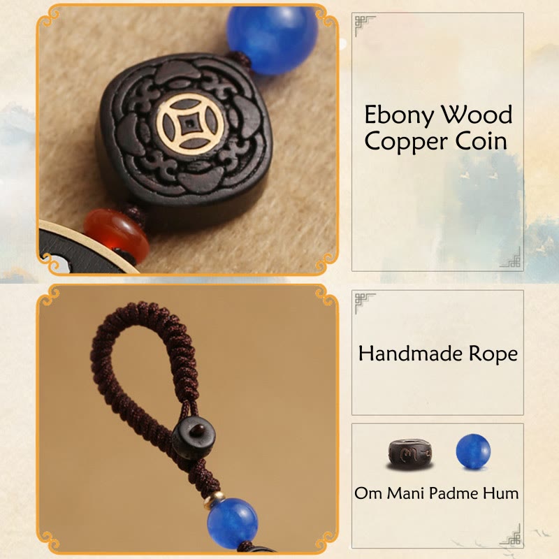 Buddha Stones PiXiu Copper Coin Ebony Wood Luck Attract Wealth Key Chain Decoration Key Chain BS 12