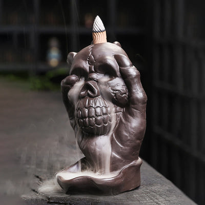 Buddha Stones Halloween Skull With Ghost Hand Purple Clay Spiritual Incense Burner Decoration Incense Burner BS 3