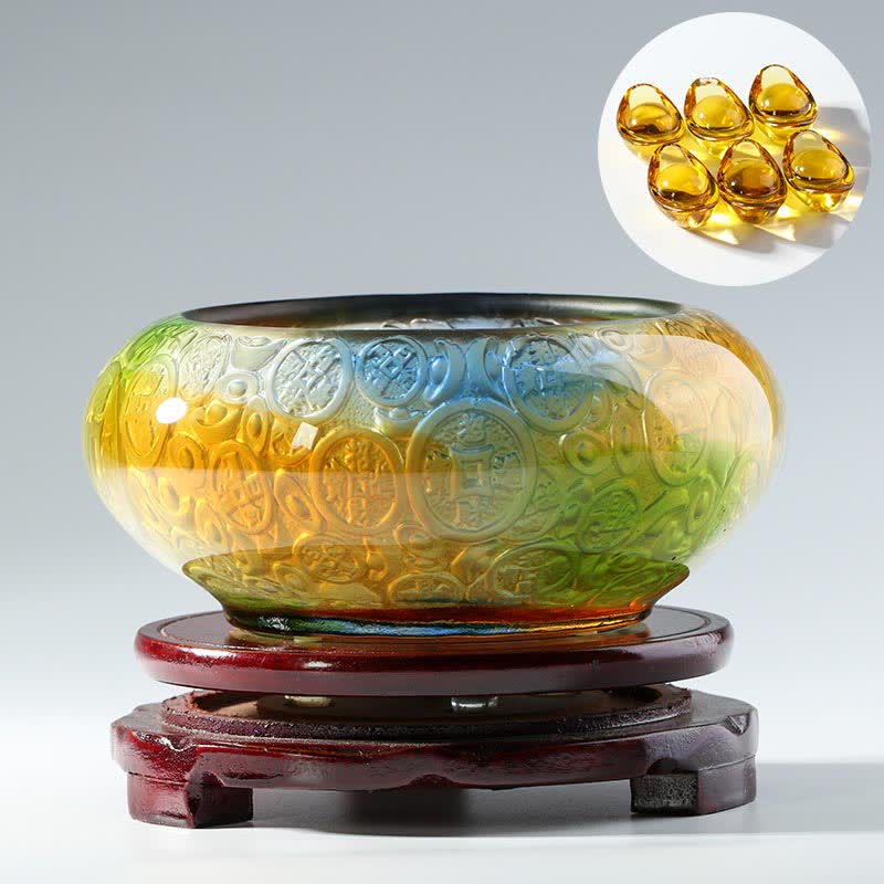 Buddha Stones Handmade Liuli Crystal Treasure Bowl Ingots Art Piece Home Decoration Decorations BS Yellow