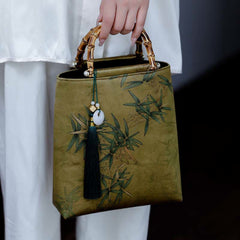 Buddha Stones Yellow Green Bamboo Leaves Bamboo Handles Handbag Handbags BS Bamboo Leaves 20-23*25*8.5cm