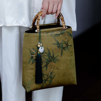 Buddha Stones Yellow Green Bamboo Leaves Bamboo Handles Handbag Handbags BS Bamboo Leaves 20-23*25*8.5cm