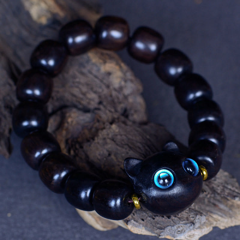 Buddha Stones Ebony Wood Liuli Glass Lovely Cat Peace Balance Bracelet Bracelet BS 16