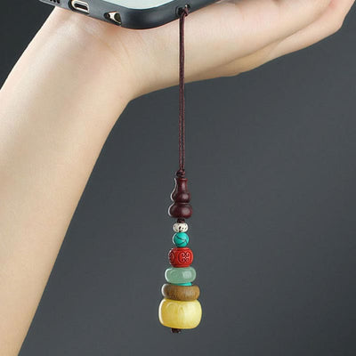 Buddha Stones Green Sandalwood Ebony Wood Gourd Seven Layer Pagoda Positive Phone Hanging Decoration Phone Hanging Decoration BS 3