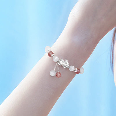 Buddha Stones Natural Cat's Eye Moonstone Strawberry Quartz PiXiu Support Bracelet Bracelet BS 11