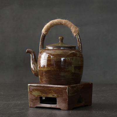 Buddha Stones Retro Brown Chinese Gongfu Tea Ceramic Kung Fu Teapot 700ml With Base Teapot BS Brown Green 15.7cm*17.0cm*700ml