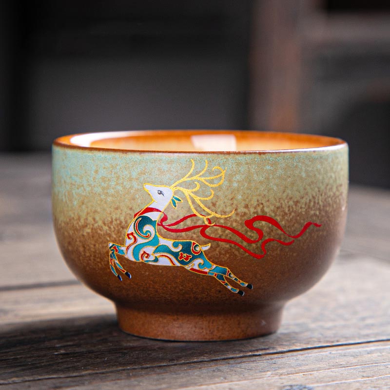 Buddha Stones Colorful Deer Pipa Snow Plum Blossoms Mountains Rivers Bird Ceramic Teacup Kung Fu Tea Cup Bowl Cup BS 7cm*4.5cm*100ml Colorful Deer