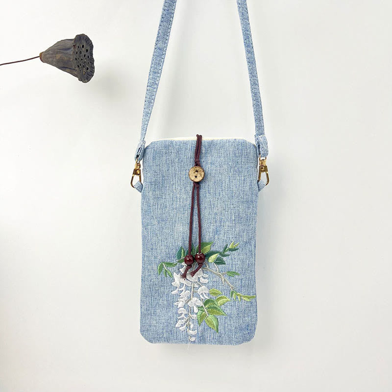Buddha Stones Small Embroidered Flowers Crossbody Bag Shoulder Bag Cellphone Bag 11*20cm Crossbody Bag BS Light Blue Wisteria Flower  11*20cm