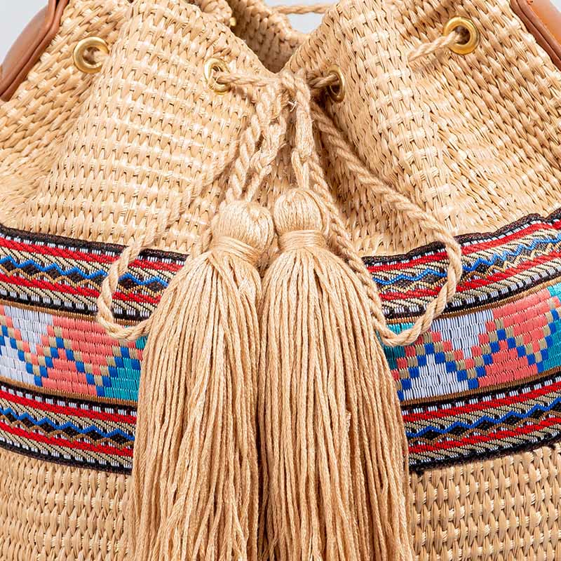 Buddha Stones Beach Geometry Straw Woven Bucket Tassels Crossbody Bag Shoulder Bag Crossbody Bag BS 6