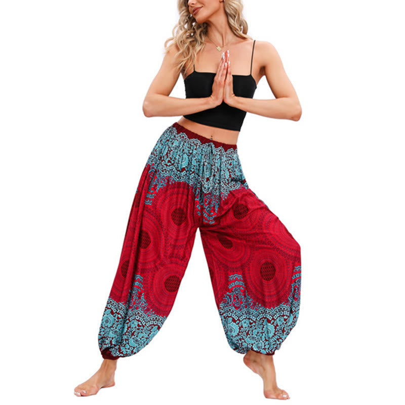Buddha Stones Loose Circle-shaped Flowers Pattern Harem Trousers Women's Yoga Pants Women's Harem Pants BS Red(Waist 60-95cm/Hips 170cm/Length 98cm)