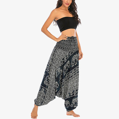 Buddha Stones Two Style Wear Elephant Pattern Loose Smocked Harem Trousers Jumpsuit Women's Yoga Pants Harem Pants&Bodysuit BS 24