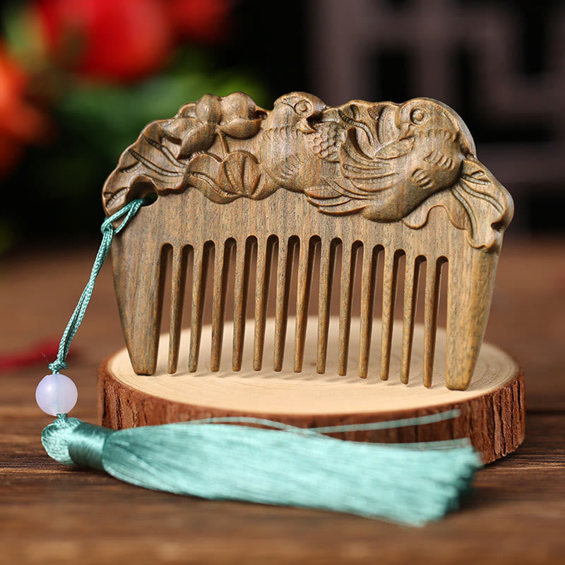 Buddha Stones Green Sandalwood Fox Peony Flower Lotus Engraved Cure Tassel Comb Comb BS Mandarin Duck Green Sandalwood