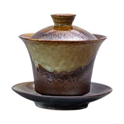 Buddha Stones Vintage Brown Kiln Change Design Porcelain Ceramic Gaiwan Sancai Teacup Kung Fu Tea Cup And Saucer With Lid Cup BS 4