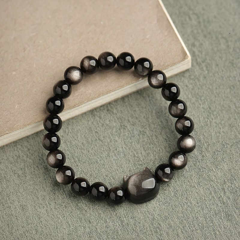 Foviel Gold Sheen Obsidian Silver Sheen Obsidian Lovely Paw Lucky Cat Protection Bracelet