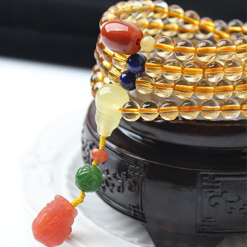 108 Mala Beads Natural Citrine Amber Peace Buckle Red Agate PiXiu Protection Charm Bracelet Mala Bracelet BS 20