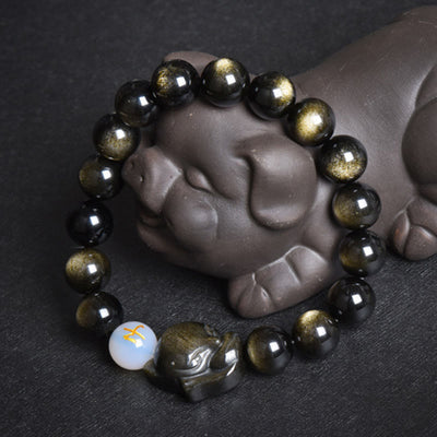 Buddha Stones Natural Rainbow Obsidian Gold Sheen Obsidian Silver Sheen Obsidian Fox Healing Bracelet Bracelet BS Gold Sheen Obsidian Pig