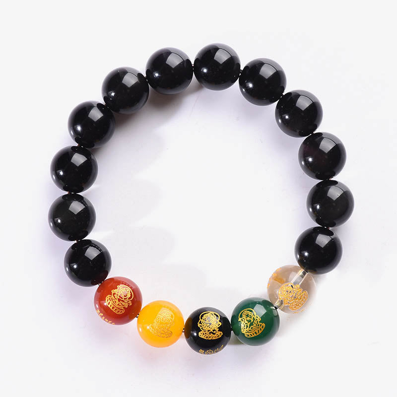 Buddha Stones Gold Sheen Obsidian Rainbow Obsidian Black Obsidian Five Directions Gods of Wealth Bracelet Bracelet BS 14