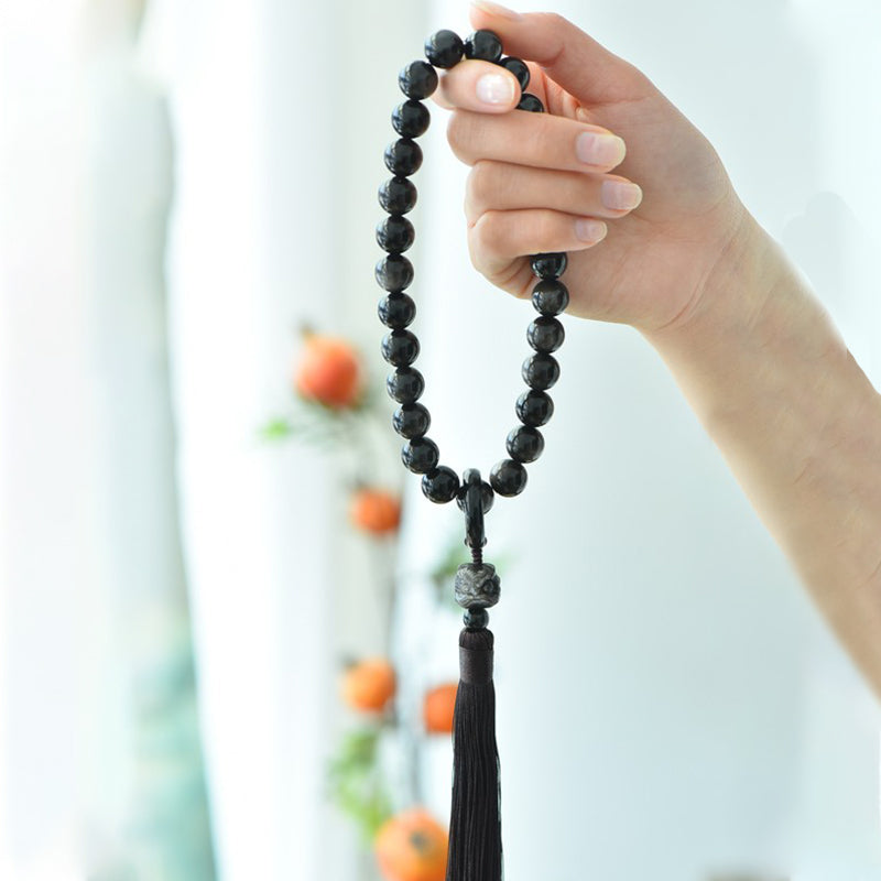 Buddha Stones Natural Silver Sheen Obsidian Lion Wrist Mala Protection Tassels Pocket Mala Car Decoration Wrist Mala&Decorations BS 3