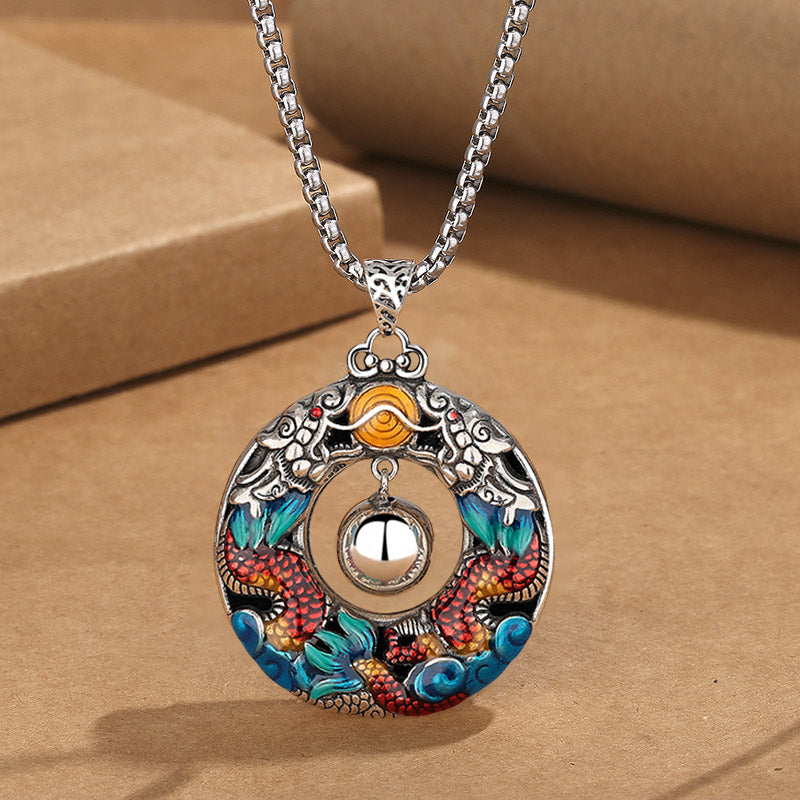 Buddha Stones Year of the Dragon Colorful Double Dragons Playing Bead Copper Protection Necklace Pendant Necklaces & Pendants BS Dragon Pendant&Chain