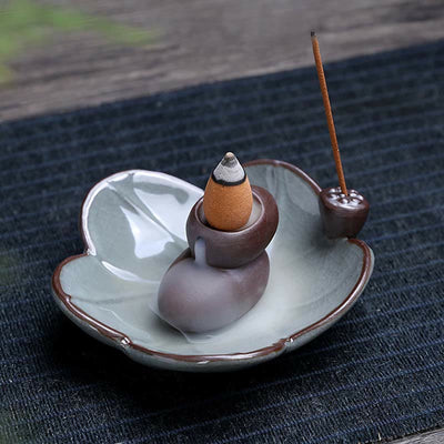 Buddha Stones Lotus Plum Blossom Square Ceramic Spiritual Backflow Incense Burner Incense Burner BS 12