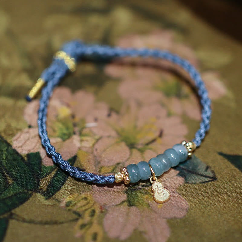Buddha Stones 925 Sterling Silver Natural Jade Gourd Rutilated Quartz Fu Character Luck Braid Bracelet Bracelet BS Jade(Prosperity♥Abundance)