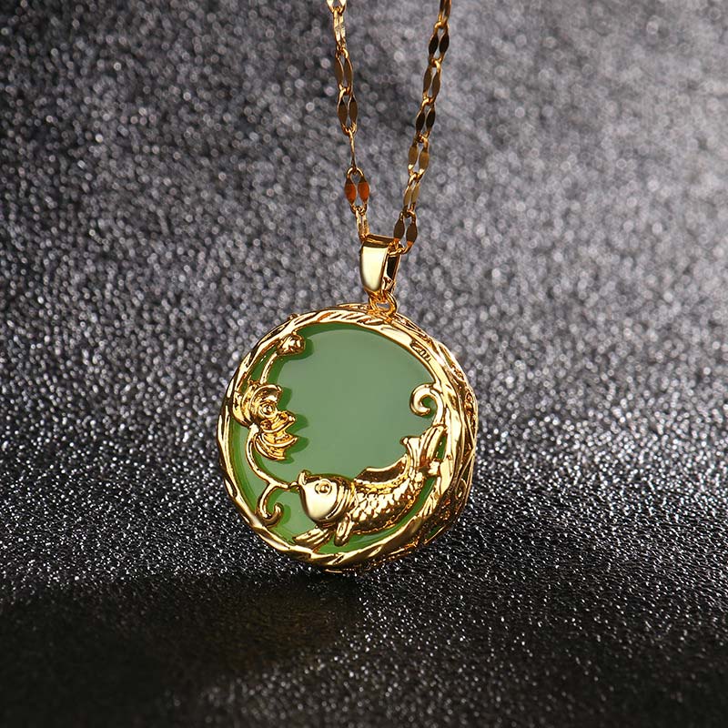 Buddha Stones Natural Jade Koi Fish Lotus Luck Necklace Pendant Necklaces & Pendants BS Cyan jade