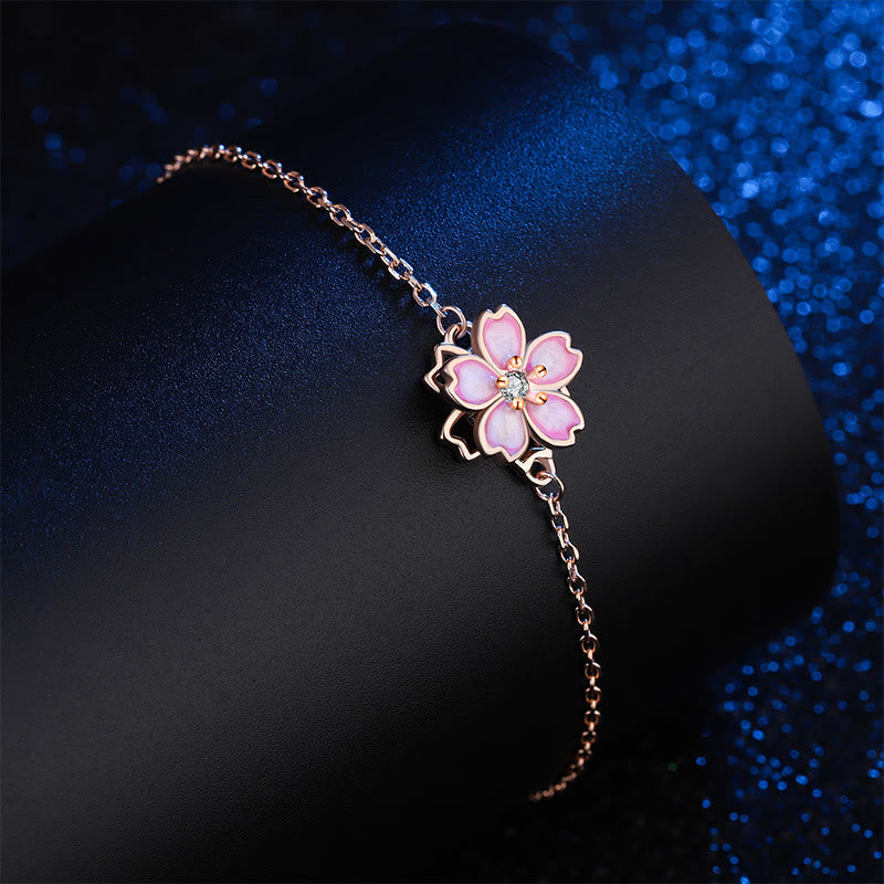 Buddha Stones 925 Sterling Silver Cherry Blossom Blessing Chain Bracelet Rotatable Ring Bracelet BS 4